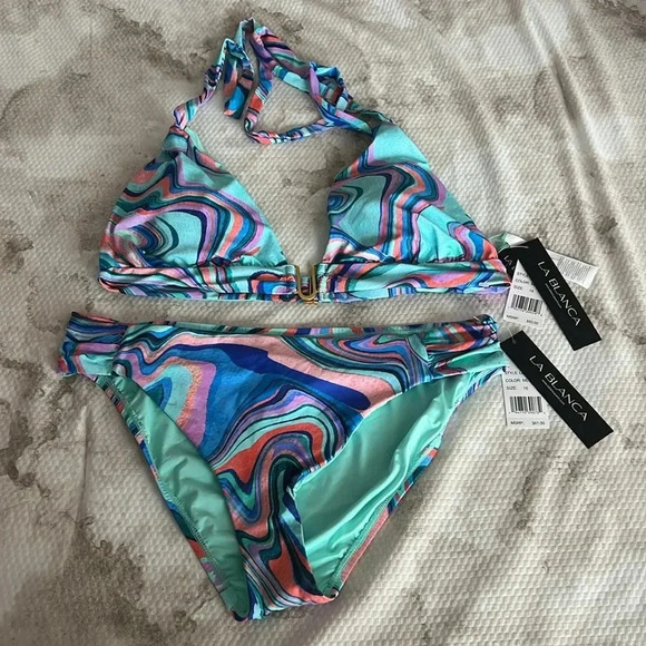 La Blanca Crystal Cove Shirred Strap Over The Shoulder Top & Shirred Hipster - Picture 7 of 9